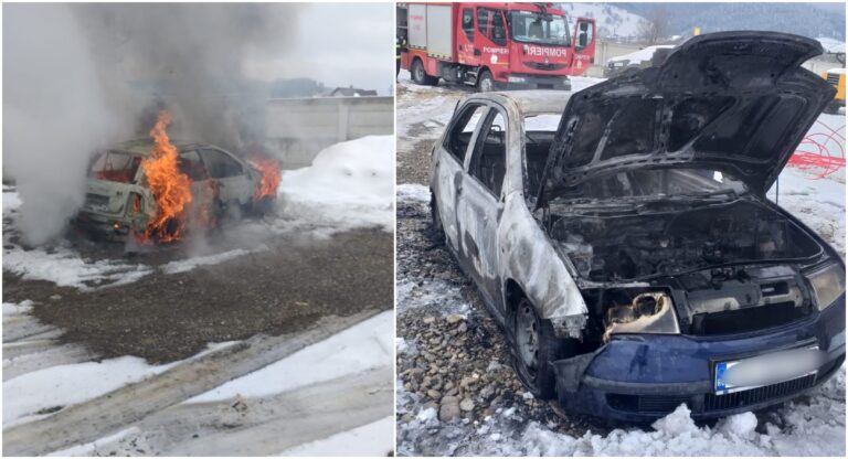 FOTO O mașină a fost făcută scrum de incendiu puternic, la Straja