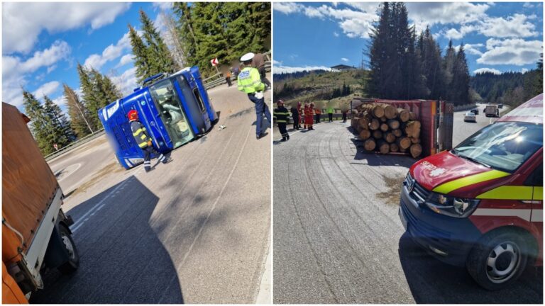 FOTO Un TIR încărcat cu lemne s-a răsturnat în Pasul Mestecăniș