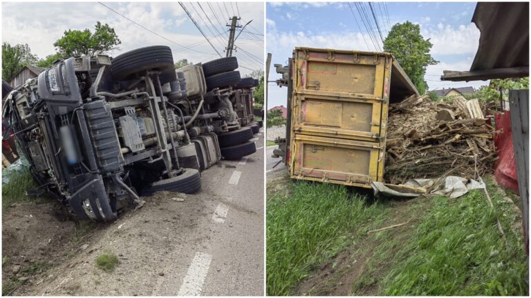 FOTO Un camion încărcat cu deșeuri lemnoase s-a răsturnat la Boroaia