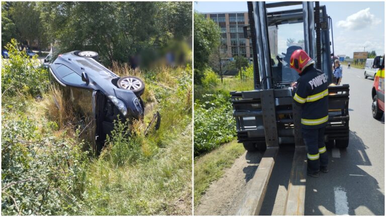 FOTO Accident cu doi răniți produs la Șcheia în urma coliziunii dintre o mașină și un motostivuitor
