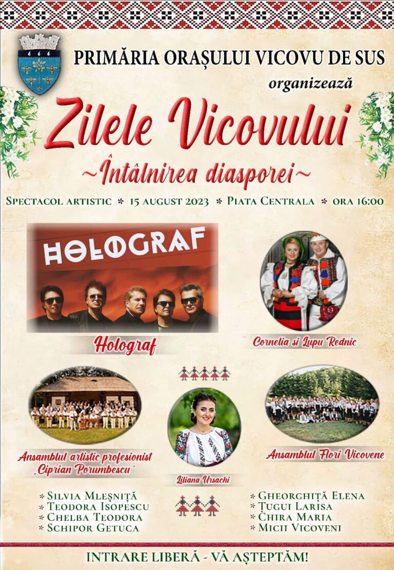 Spectacol de excepție pregătit de Zilele Orașului Vicovu de Sus – Întâlnirea Diasporei. Holograf și Cornelia și Lupu Rednic sunt printre invitații speciali ai spectacolului