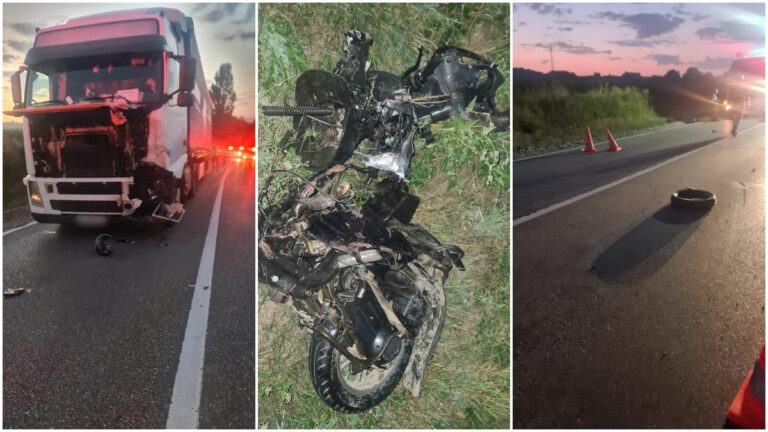 FOTO Doi tineri și-au pierdut viața după ce au intrat cu motocicleta pe contrasens și s-au izbit într-un TIR condus de un ucrainean, la Dărmănești