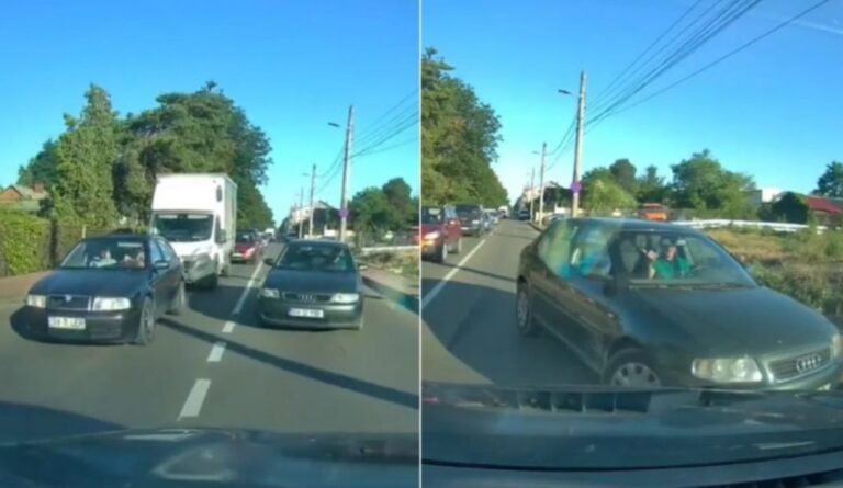 VIDEO Un șofer mai cu moț care a depășit o coloană de mașini pe linie continuă a fost lăsat pieton de polițiști pentru 60 de zile