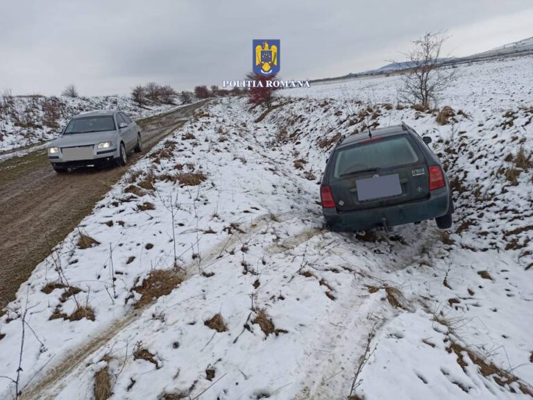 FOTO Un tânăr fără permis din Pătrăuți a fost reținut de polițiști după ce a ajuns cu o mașină neînmatriculată într-un șanț în timpul unei urmăriri