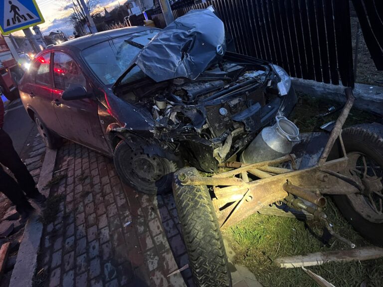 FOTO Accident produs între o căruță și o mașină, la Frasin. Căruțașul a ajuns în stare gravă la spital, iar calul a murit