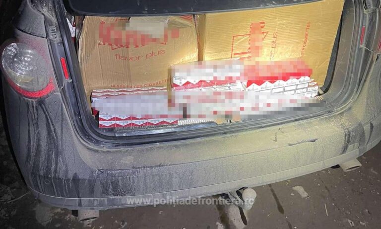 FOTO O mașină cu numere false, burdușită cu țigări de contrabandă, a fost abandonată în lunca Sucevei, la Straja