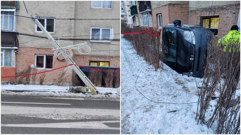 FOTO Un șofer a rupt un stâlp de electricitate, la Câmpulung Moldovenesc