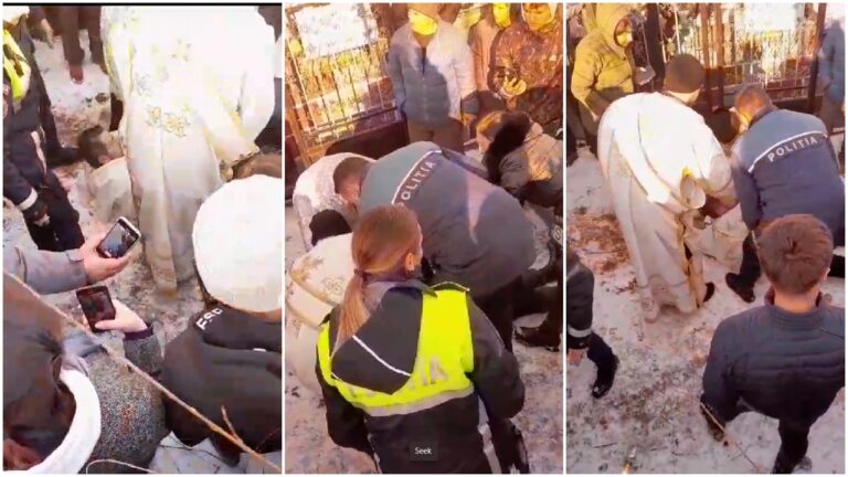 VIDEO Un preot ortodox s-a culcat în fața unui dric într-un cimitir din Gura Solcii pentru că rudele au vrut să-l îngroape pe defunct la penticostali