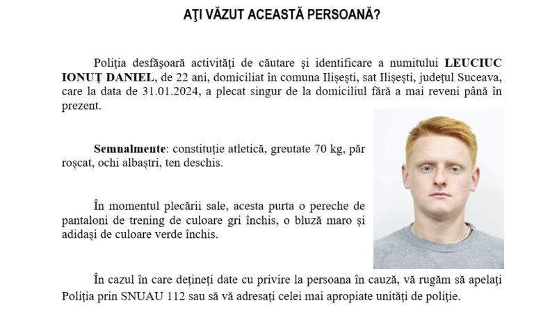 Un tânăr din Ilișești a fost dat dispărut de familie