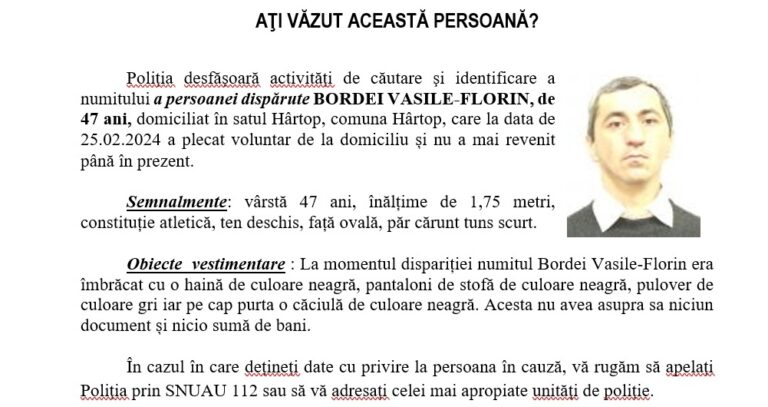 Un bărbat din Hârtop a fost dat dispărut de familie