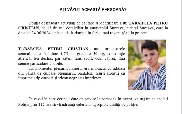 Un adolescent din Suceava a fost dat dispărut de familie