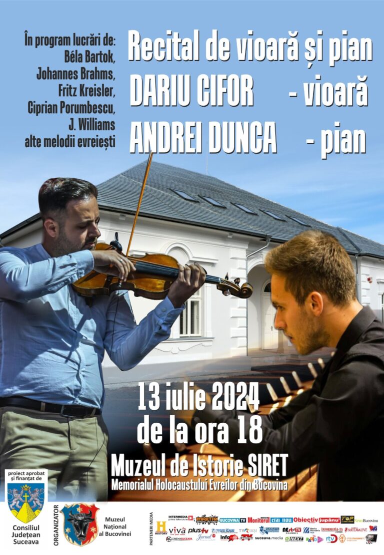 Muzeul de Istorie din Siret găzduiește Recitalul de vioară și pian susținut de soliștii Dariu Cifor – vioară și Andrei Dunca – pian