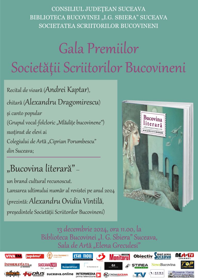 Gala Premiilor Societății Scriitorilor Bucovineni va avea loc la Biblioteca Bucovinei „I.G. Sbiera”