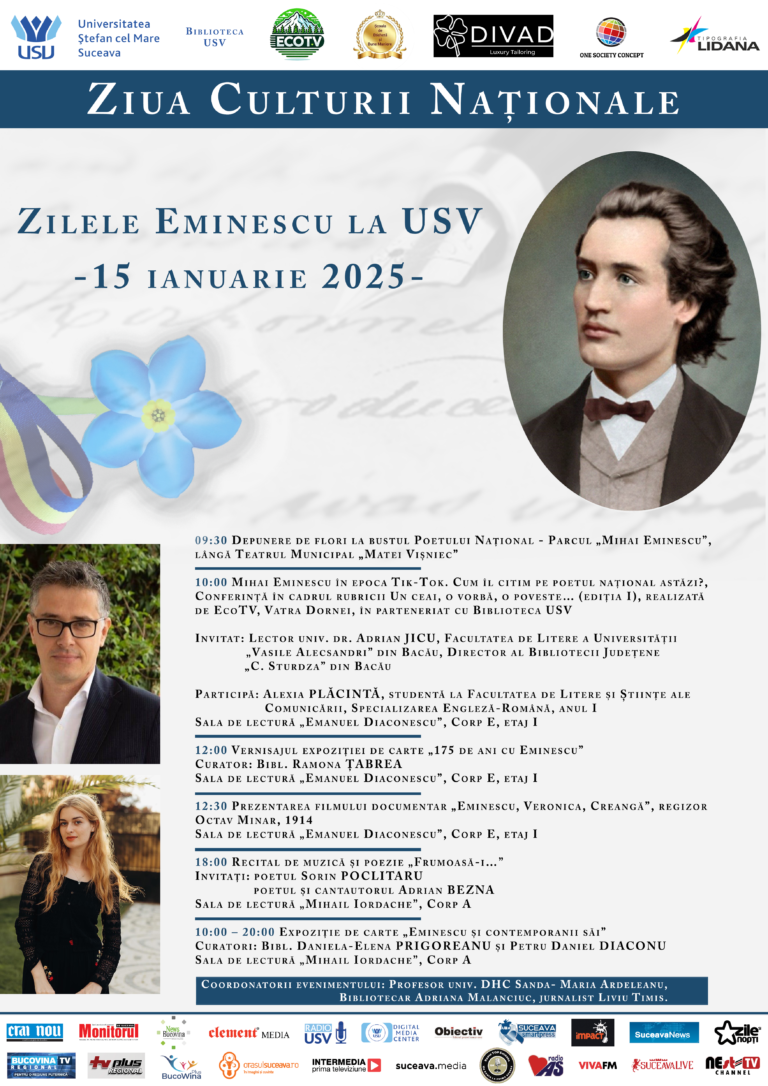 Biblioteca USV organizează manifestarea „Zilele Eminescu la USV”, la împlinirea a 175 de ani de la nașterea marelui poet
