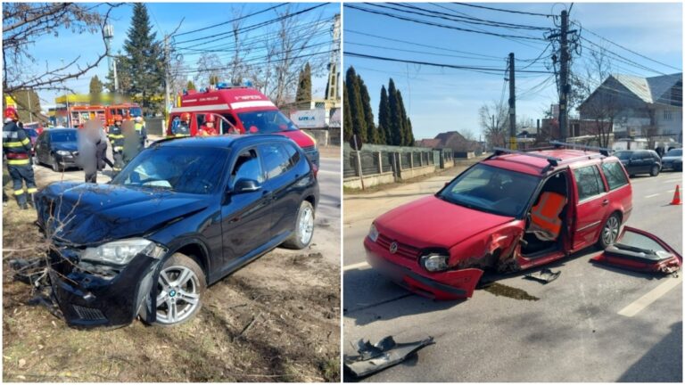 Accident cu doi răniți produs la Rădăuți de o tânără șoferiță angajată cu BMW-ul într-o depășire neregulamentară