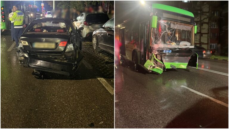 Doi tineri au fost răniți după ce un tânăr cu un BMW s-a izbit violent într-un autobuz TPL pe bulevardul George Enescu din Suceava