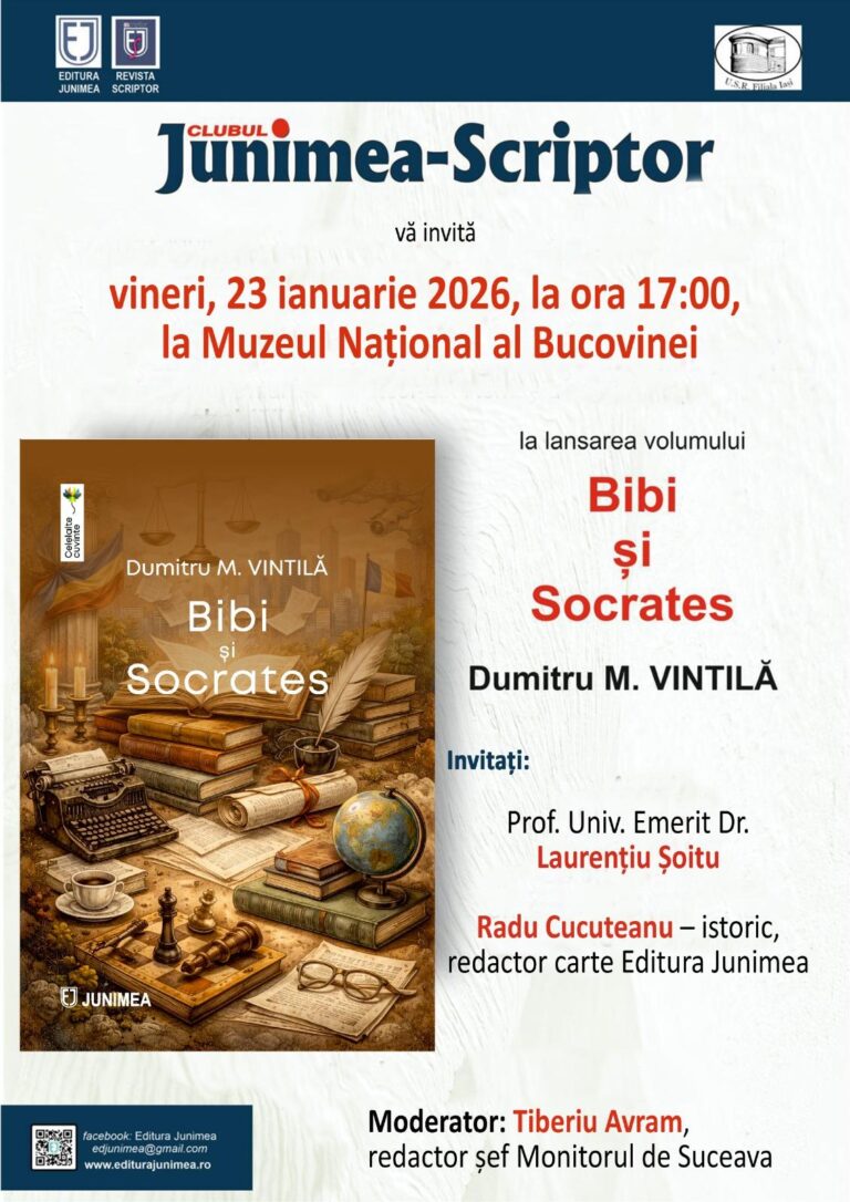 Muzeul Național al Bucovinei găzduiește lansarea volumul „Bibi și Socrates”, semnat de scriitorul Dumitru Mugurel Vintilă