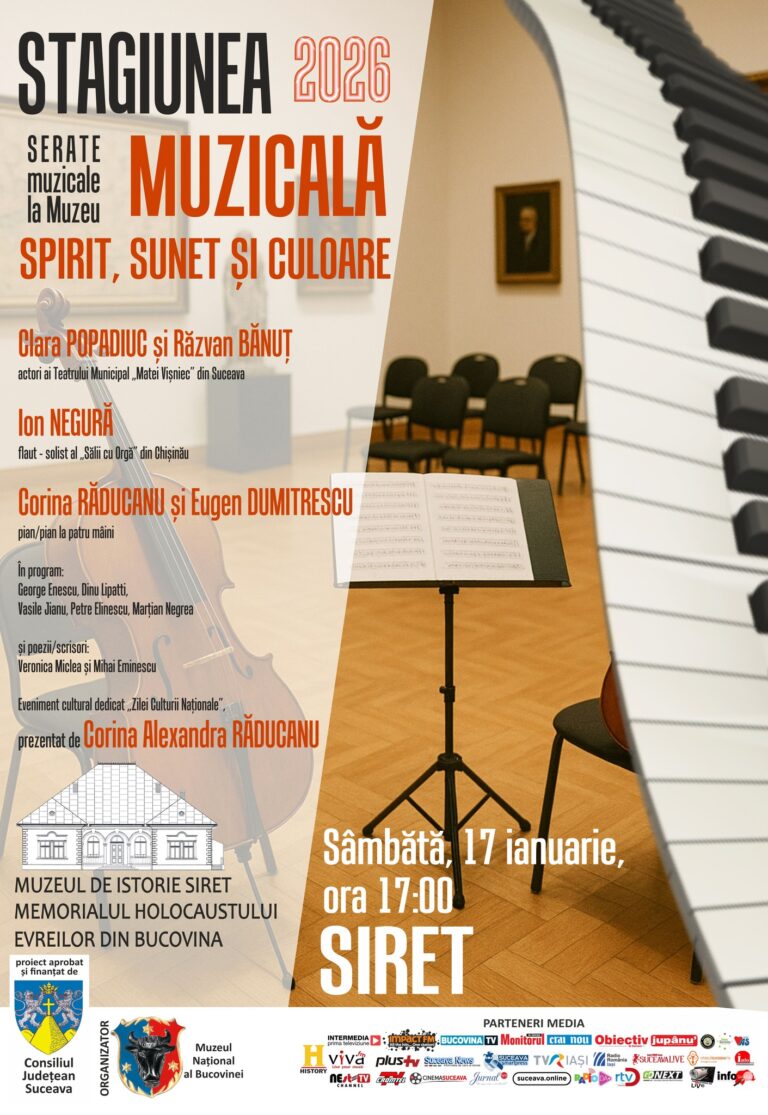 Muzeul de Istorie Siret – Memorialul Holocaustului Evreilor din Bucovina va găzdui evenimentul „Spirit, sunet și culoare”