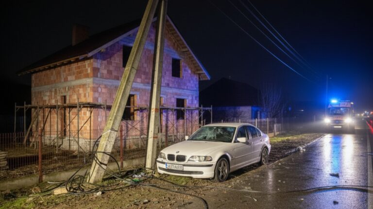 Un tânăr cu un BMW a pus la pământ un stâlp și a „aterizat” în curtea unei case aflate în construcție în Suceava