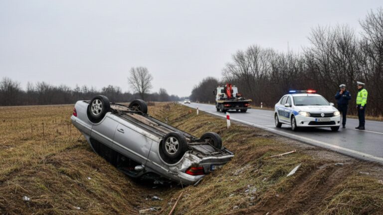 Un bărbat a ajuns la spital după ce șoferul unui Mercedes a pierdut controlul volanului și s-a răsturnat în șanț