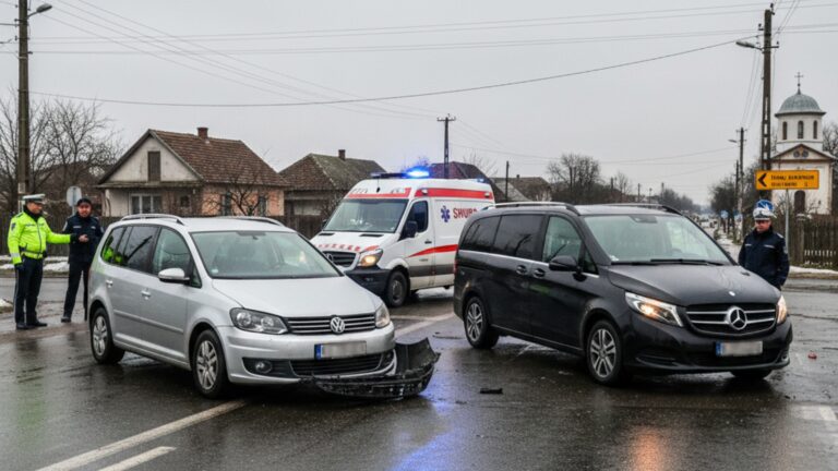 Carambol între trei vehicule produs la intrarea în Dărmănești. O femeie a ajuns la spital
