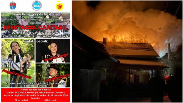 Spectacol caritabil organizat la Vatra Moldoviței pentru o familie rămasă fără casă în urma unui incendiu: „Este un moment în care trebuie să fim uniți”