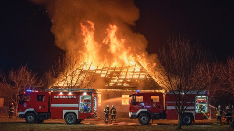 O familie cu doi copii din Ciprian Porumbescu a rămas pe drumuri după ce casa le-a luat foc