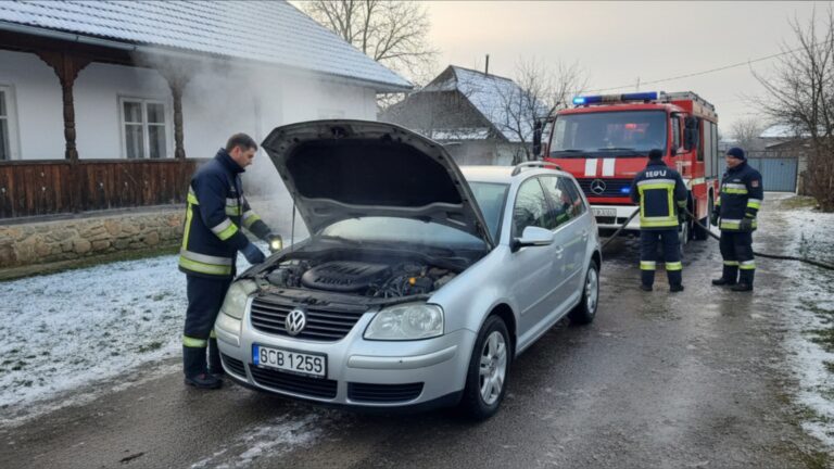 O mașină a luat foc la Bădeuți după ce o șoferiță a vrut să dezabureasccă parbrizul