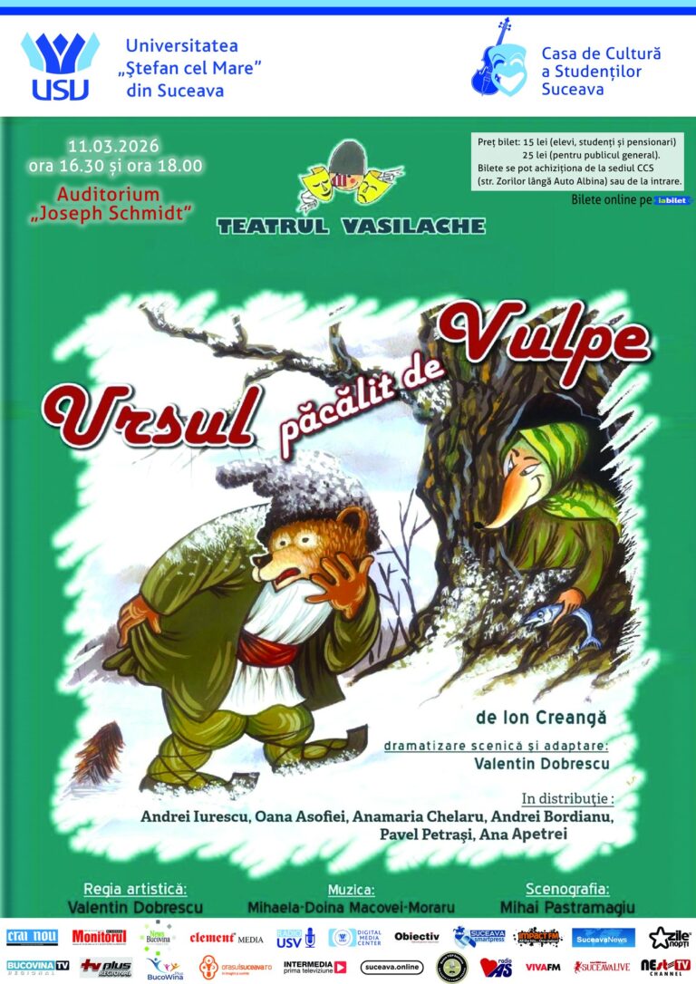 Casa de Cultură a Studenților Suceava reîncepe stagiunea de teatru pentru copii cu spectacolul „Ursul păcălit de vulpe”