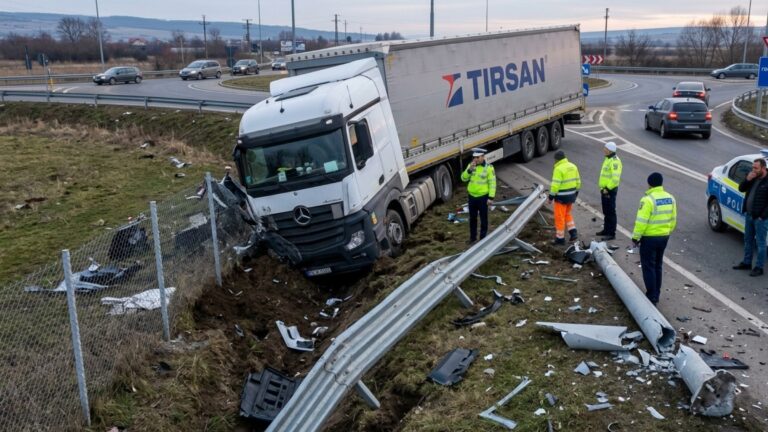 Un șofer turc a dărâmat parapetul și un stâlp de iluminat în sensul giratoriu de la intrarea în Moara, de pe șoseaua de centură a Sucevei