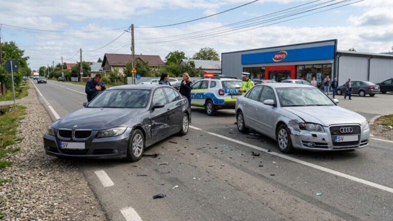 Un bărbat a ajuns la spital în urma unei coliziuni între un Audi și un BMW produse în fața magazinului Pepco din Marginea