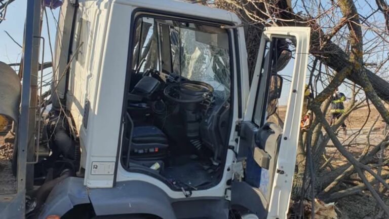 Un camion s-a izbit frontal într-un copac la ieșire din Suceava spre Mitocu Dragomirnei