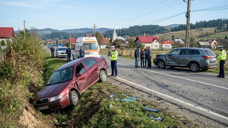 O mașină a ajuns în șanț după ce un șofer a virat stânga fără să se asigure, la Vatra Dornei