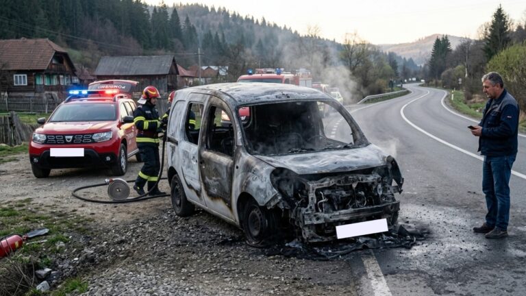 Autoturism distrus de flăcări în localitatea Doroteia. Un scurtcircuit la motor a provocat un incendiu violent