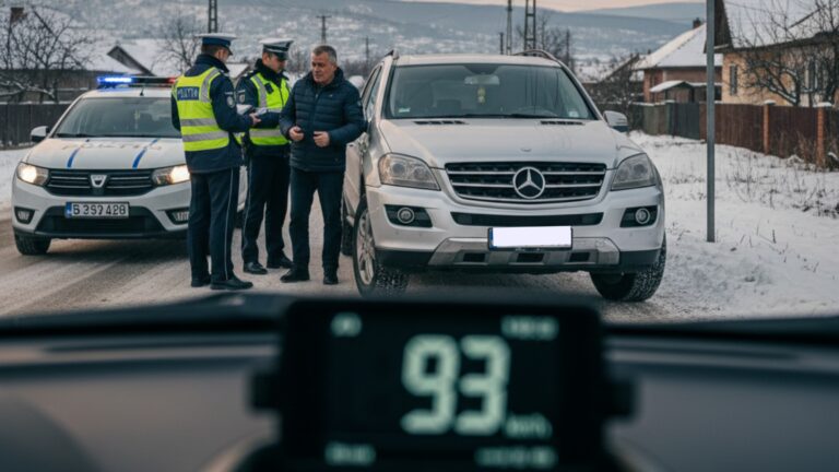 Un bucureștean cu permisul suspendat a fost surprins de polițiști în timp ce „zbura” cu mașina prin Dărmănești