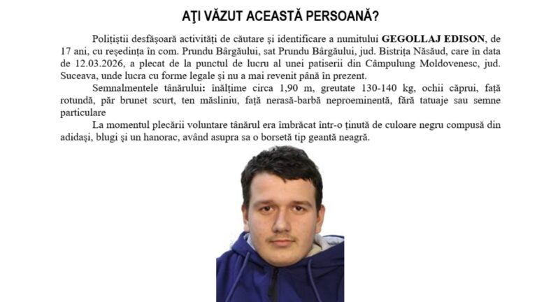 Un adolescent din Bistrița Năsăud a fost dat dispărut după ce a plecat de la o patiserie din Câmpulung Moldovenesc și nu a mai ajuns acasă