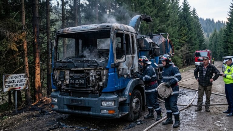 Incendiu devastator într-o pădure din Poiana Stampei. Un utilaj de tocat lemne a fost distrus de flăcări, prejudiciul fiind de 300.000 de euro