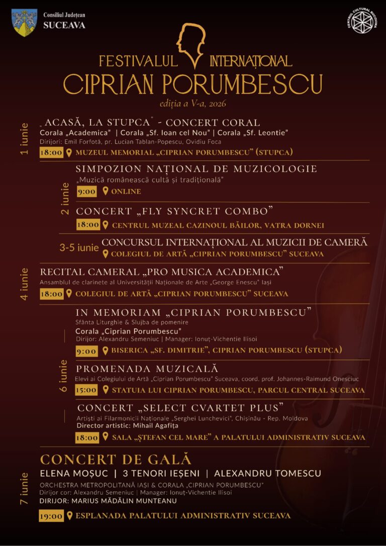 CJ Suceava, prin Centrul Cultural „Bucovina”, organizează, la începutul lunii iunie, cea de-a V-a ediție a Festivalului Internațional „Ciprian Porumbescu”