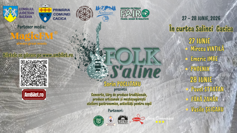 Festivalul „Folk S’aline” aduce nume legendare ale muzicii românești în curtea Salinei Cacica. Concerte, târg de produse tradiționale și ateliere gastronomice pregătite de organizatori pentru cei prezenți: „Să ne bucurăm împreună de muzică, de produsele noastre autentice și de ospitalitatea specifică acestor locuri minunate”
