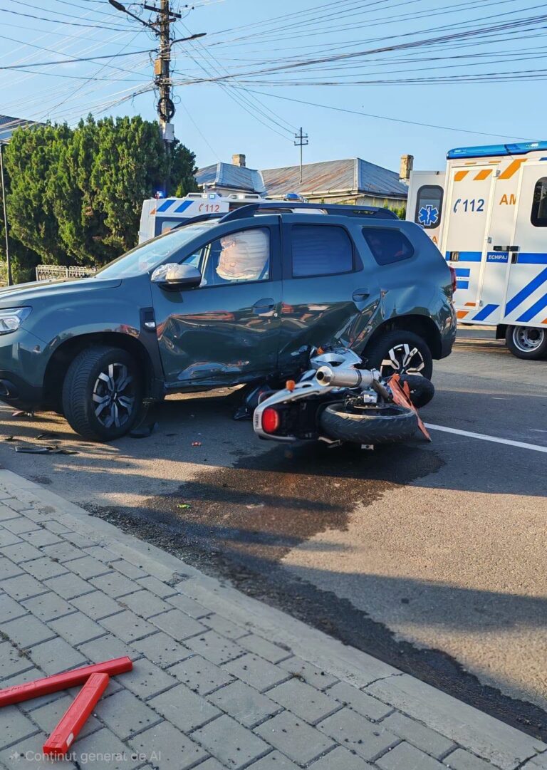 Impact între o motocicletă și o mașină, la Moara. Două persoane au ajuns la spital după o coliziune provocată de un viraj peste linia continuă și nerespectarea distanței în trafic