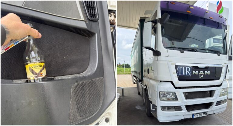 Șoferul de TIR, prins de polițiști la Drăgușeni, în portieră cu o sticlă de vodcă băută pe trei sferturi, a fost reținut