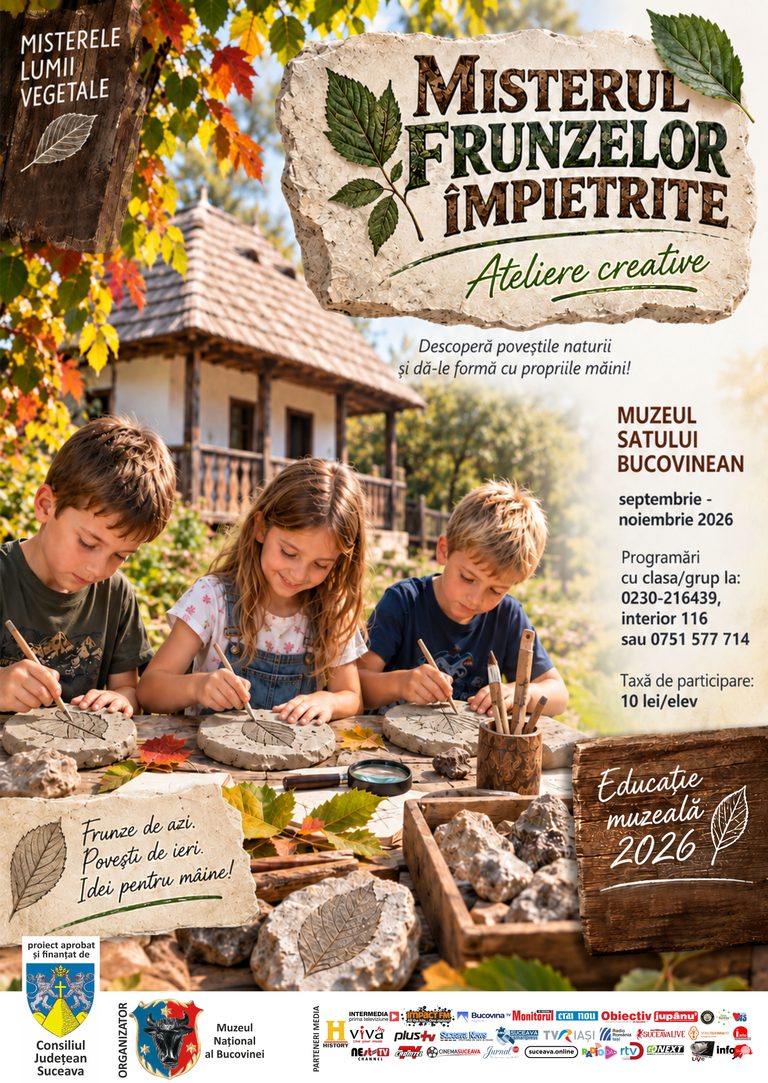 Din piatră, pe cămașă și în lut: povestea frunzei, descoperită de copii la Muzeul Național al Bucovinei, în cadrul proiectului de educație muzeală „MISTERUL FRUNZELOR ÎMPIETRITE. Ce povești pot spune frunzele după mii sau chiar milioane de ani?”