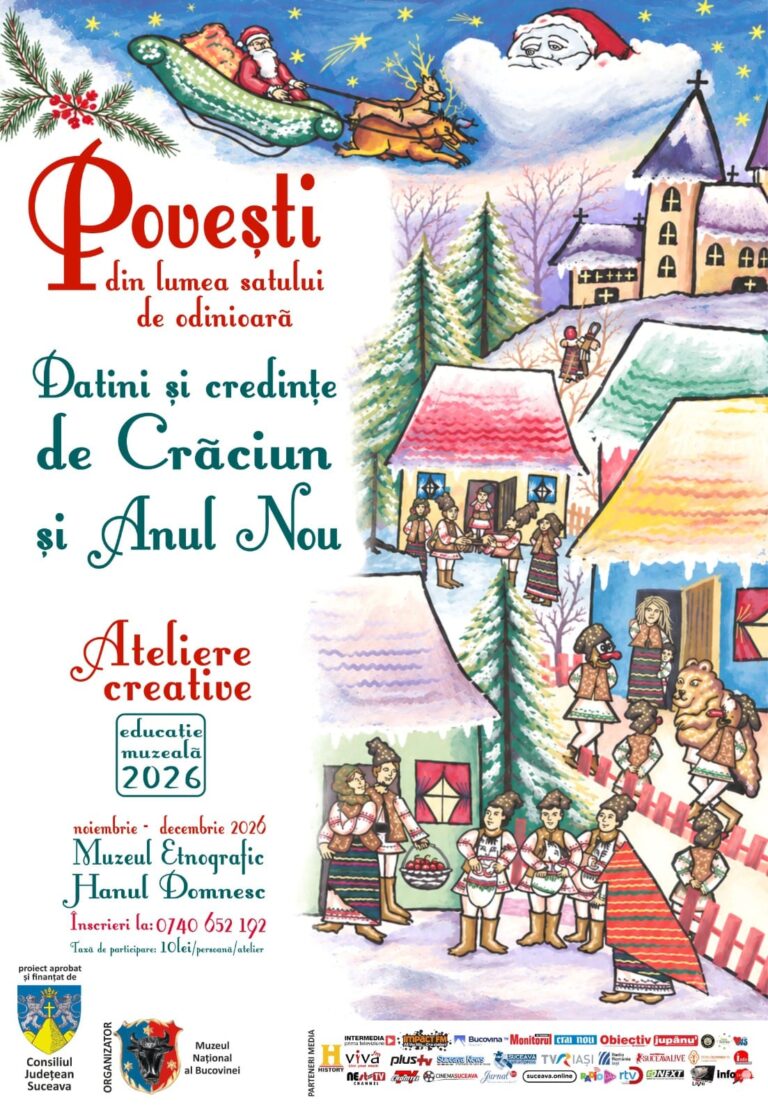 Copiii între 7 și 14 ani sunt invitați la Muzeul Etnografic Hanul Domnesc la atelierele de iarnă ale proiectului „Povești din lumea satului de odinioară”, cu măști, colinde și datini de Crăciun și Anul Nou